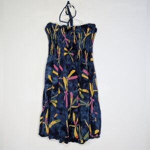 CYN By Cynthia Mehra Blue Colorful Dragonfly Tie Back Halter Dress OS